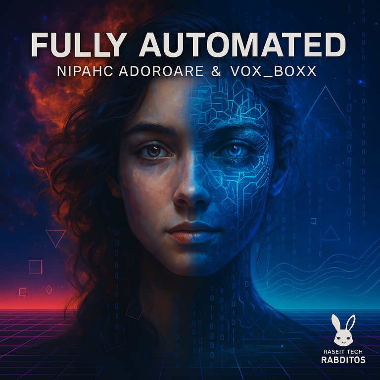 Fully Automated A digital artwork featuring a woman's face, split between human features and circuitry.